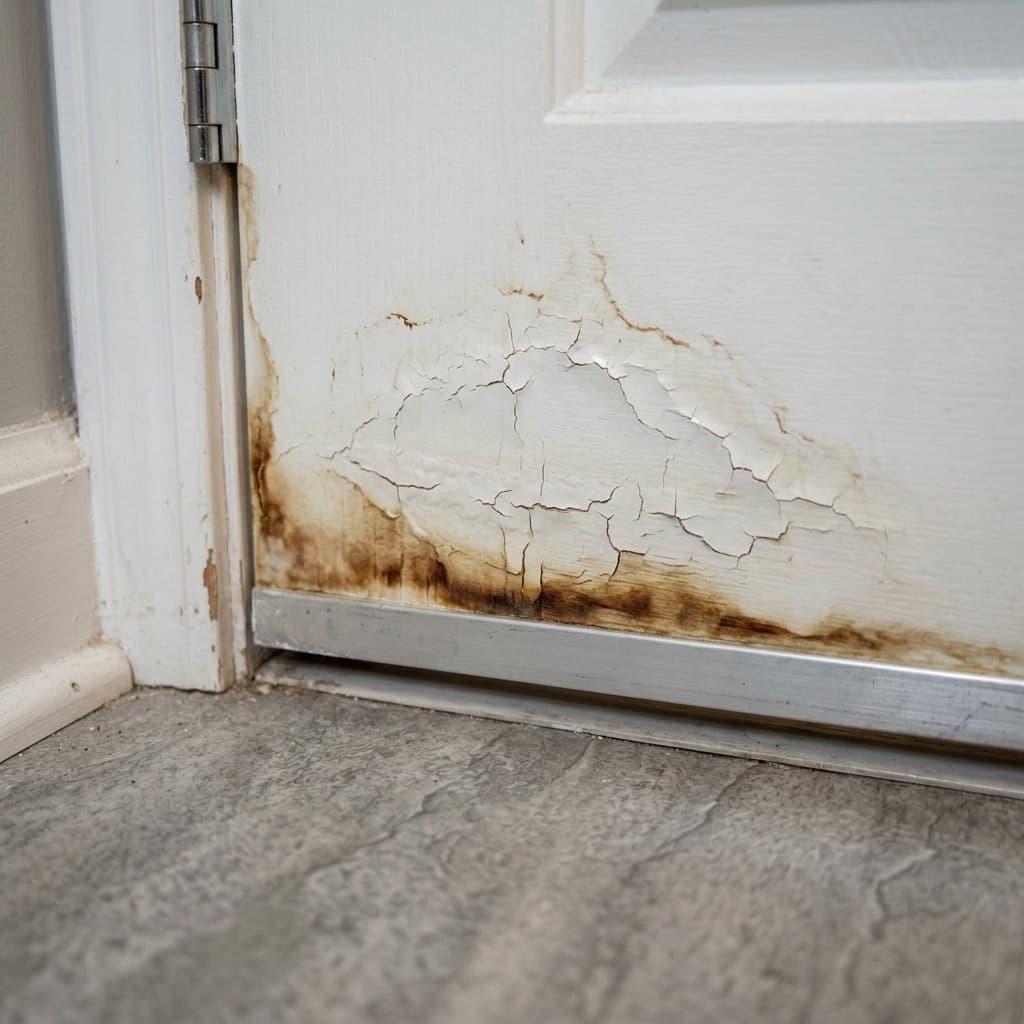There is moderate water damage along the bottom of the bathroom door.